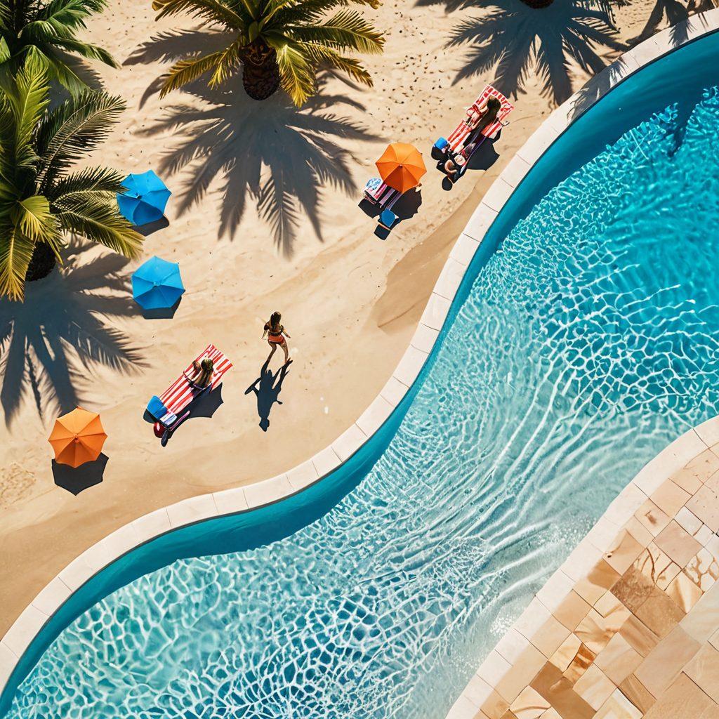 A vibrant summer scene featuring an array of stylish bikinis displayed on a luxurious poolside with crystal-clear water, transitioning to a stunning beachfront with golden sand and turquoise waves. Include palm trees swaying gently in the breeze and sunbathers enjoying the sun. Highlight the diversity of bikini styles, colors, and patterns to represent every summer adventure. bright colors, super-realistic, lively atmosphere.